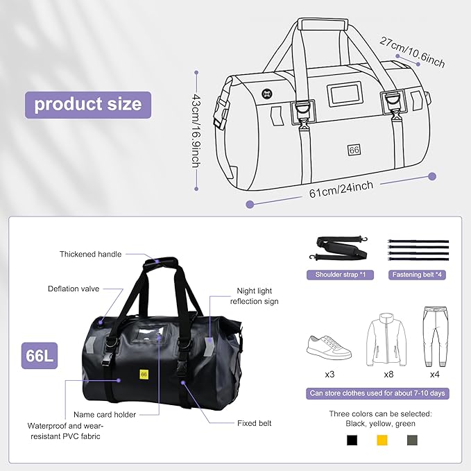 Waterproof Duffel Bag,Roll-Top Heavy Duty Dry Duffle Bag,Motorcycle Dry Bag,with Large Storage Space, Perfect for Traveling, Camping, Kayaking, Fishing & Canoeing (Carbon fiber black, 66L)
