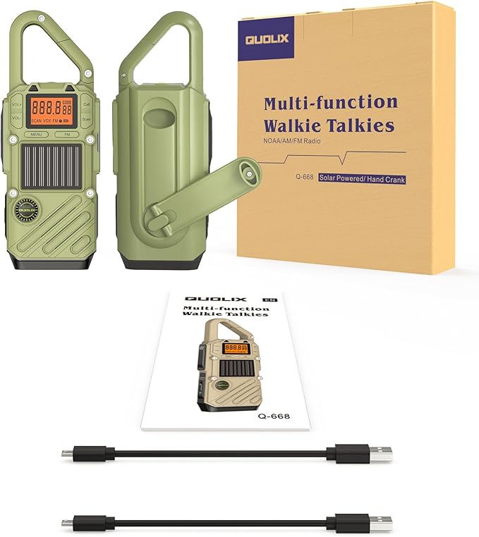 Rechargeable Adult Walkie Talkie with Emergency Solar Hand Crank Charging with FM/NOAA,Weather Alert,LED Flashlight-USB Charging and SOS Siren Long Range 2-Way Radio