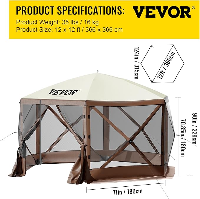 VEVOR 12x12ft Pop Up Gazebo Tent with Privacy Panels, Mosquito Netting & Removable Wind Cloths, 6-Sided Outdoor Canopy for Patio