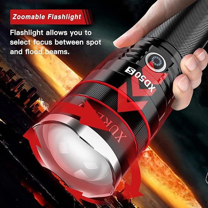 LED Rechargeable Flashlight, 100000 High Lumen Zoomable Tactical Flashlights with 4 Light Modes & Batteries, Super Bright Waterproof Work Flash Light for Outdoor Camping Hiking