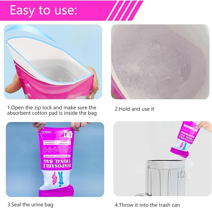 Disposable Urinal Bag, Portable Urine Bag, Portable toilet for adults, Unisex Urinal Bag for Men Women Children, Emergency pee/wee bags, vomit bags for Car, Traffic Jams, Camping, Travel (Fuchsia, 12)