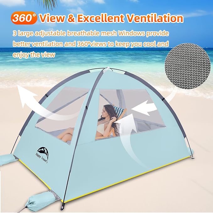 Happy Travel Beach Tent, UPF 50+ UV Protection Sun Shade Shelter for 3/4/5/6/7/8 Person, Portable Beach Canopy for Family & Baby, Lightweight & Easy Setup Beach Cabana with 3 Ventilation Mesh Windows