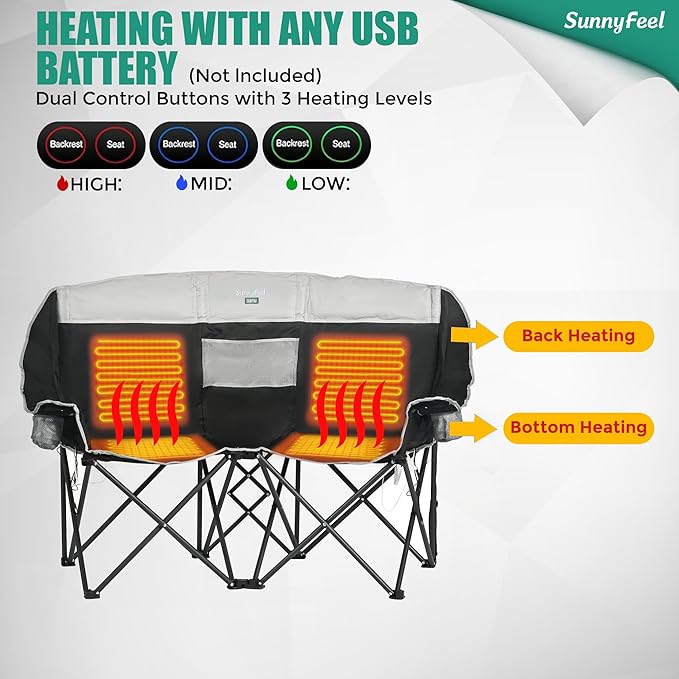 SUNNYFEEL Heated Double Camping Chair, Oversized Folding Loveseat Chair, Heavy Duty Portable/Foldable Lawn Chair for Beach/Outdoor/Travel/Picnic, Fold Up Camp Chairs for Adults 2 People