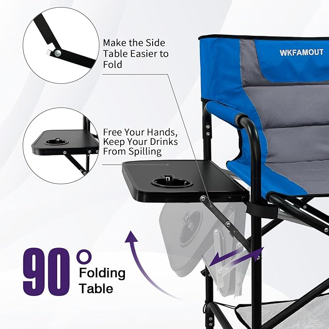Tall Folding Directors Chair with Side Table 30.71" Seat Height Foldable Camping Chair Bar Stool for Makeup Artist Face Painting with Footrest and Storage Pocket Supports 350LBS