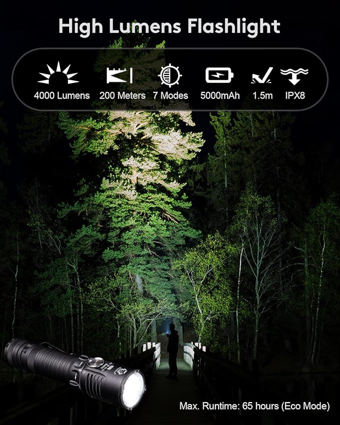 RovyVon S23 Search Flashlight, 4000 Lumens High Lumen Brightest Flashlight Long Throw Flashlight, 5000mAh Rechargeable Battery, IPX8 Waterproof EDC Flashlight Compact Duty Work Light with Lanyard