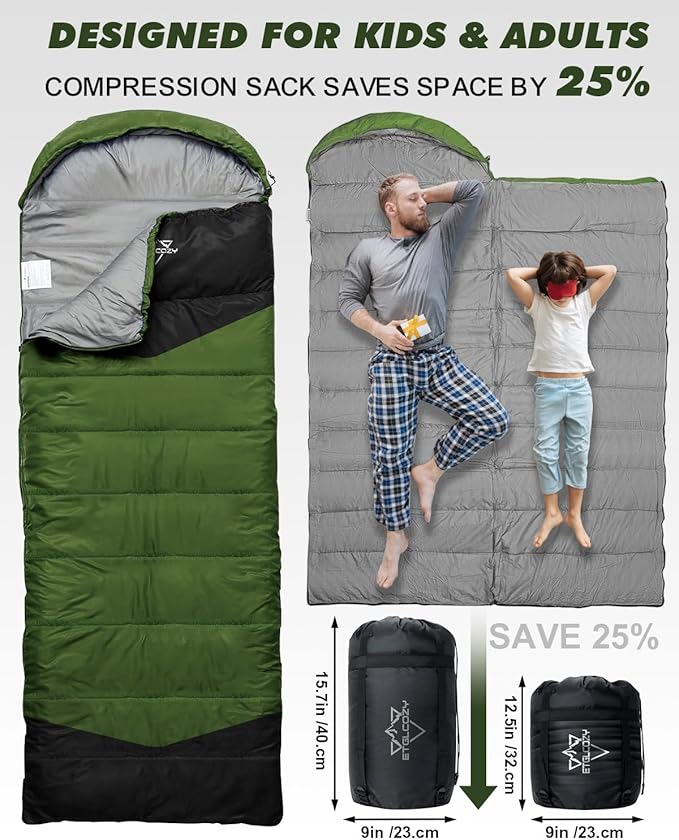 Sleeping Bag for Adults Cold Weather & Warm, Lightweight Backpacking Camping Hiking Essentials Gear for Kids 10-12 Girls Boys Compact w/Compression Sack Indoor Outdoor Sleep Must Haves