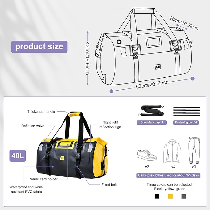 Waterproof Duffel Bag,Roll-Top Heavy Duty Dry Duffle Bag,Motorcycle Dry Bag,with Quick-fixed Straps,with Large Storage Space, Perfect for Traveling, Camping, Kayaking, Fishing & Canoeing (yellow, 40L)