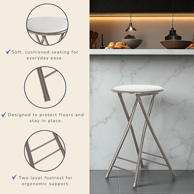 Lavish Home Set of 4 Counter Height Bar Stools - 24-Inch Backless Folding Chairs with 225lb Capacity for Kitchen, Rec Room, or Game Room (White)