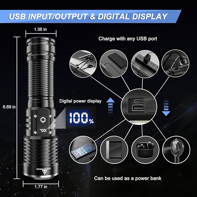 High Lumens LED Flashlights Rechargeable, Super Bright Flashlight, Powerful Tactical Flashlights, Waterproof Handheld Flash Light with 5 Modes, Zoomable, Power Display for Camping Emergencies