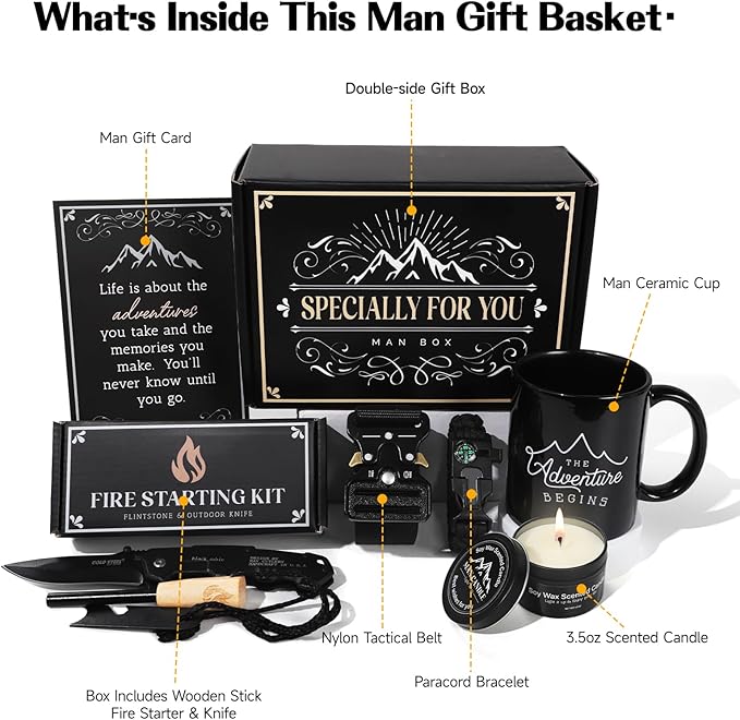 Gifts Set for Men,Dad Gift Box Dad Gifts from Son Daughter, Fathers Day Box for Son Dad Brother in Law Boyfriend Husband Young Man Adult Guy, Cool Camping Ourdoor Survival Kit