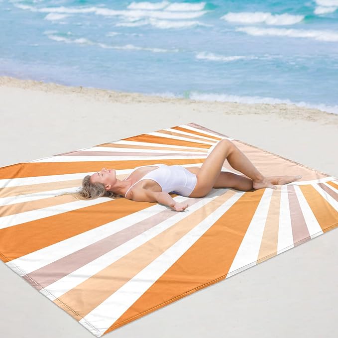 Beach Blanket Waterproof Sandproof Oversized, 9 Ft X 10 Ft Extra Large Beach Mat Sand Free Waterproof for 8 Adult, Lightweight & Compact Polyester Picnic Blankets w/Stakes & Corner Pockets-Boho Sun