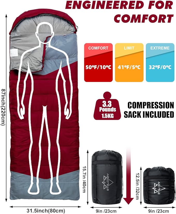 Sleeping Bag for Adults Cold Weather & Warm, Lightweight Backpacking Camping Hiking Essentials Gear for Kids 10-12 Girls Boys Compact w/Compression Sack Indoor Outdoor Sleep Must Haves