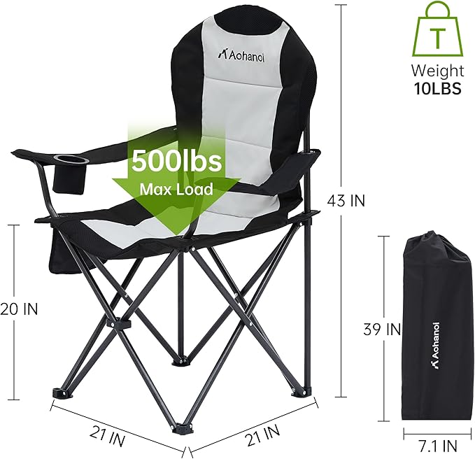 Camping Chairs for Heavy People, Folding Chairs for Outside Outdoor Folding Chairs with Cup Holder & Cooler Bag, Camp Chairs Supports up to 400lbs(2 PC, Black White)