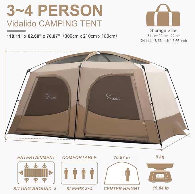 Vidalido Tents,3-4 Person Camping Tent with Extended Vestibule,Weather Resistant Family Tents with Breathable Mesh Windows,Easy Install Waterproof Outdoor Tent for Backpacking and Camping Hiking