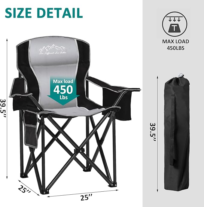 Camping Chair with Cooler Bag, Cup Holder, Storage Pocket, Heavy Duty 450lbs Capacity with Large Anti-Sink Feet, Portable Folding Padded Chair for Outdoor, Beach, Fishing, Sports, Black 2Pack