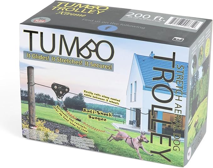 Tumbo Xtreme Trolley 150ft - Anti-Shock Aerial Dog Runner for Yard - Heavy Duty Pulley - Large Dog Gear - Best Dog Run Zipline for Backyards - Trolley System Camping - 100ft / 150ft / 200ft