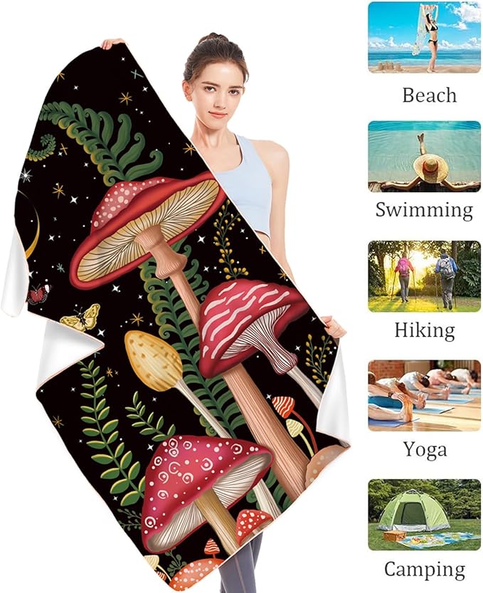 Thick Mushroom Beach Towel 30”x60” Microfiber Terry Beach Towels Kids Soft Camping Towels Sandproof Quick Drying Travel Swim Pool Yoga Gym Camping Women Men Beach Essentials Accessories Vacation Gift