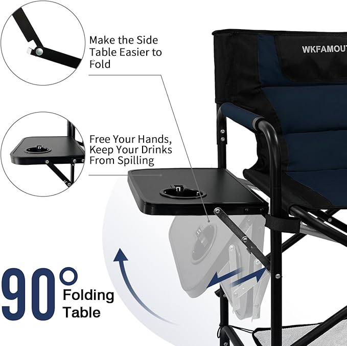 Tall Folding Directors Chair with Side Table 26.77" Seat Height Foldable Camping Chair Bar Stool for Makeup Artist Face Painting with Footrest and Storage Pocket Supports 350LBS