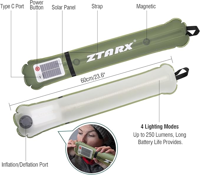 Solar Camping Lights Bars 23.6IN/60CM Tent Lights Rechargeable 2000mAh Foldable Inflatable for Outdoor IP66 Waterproof LED Tube Light for Camping, Hiking, Travel and More
