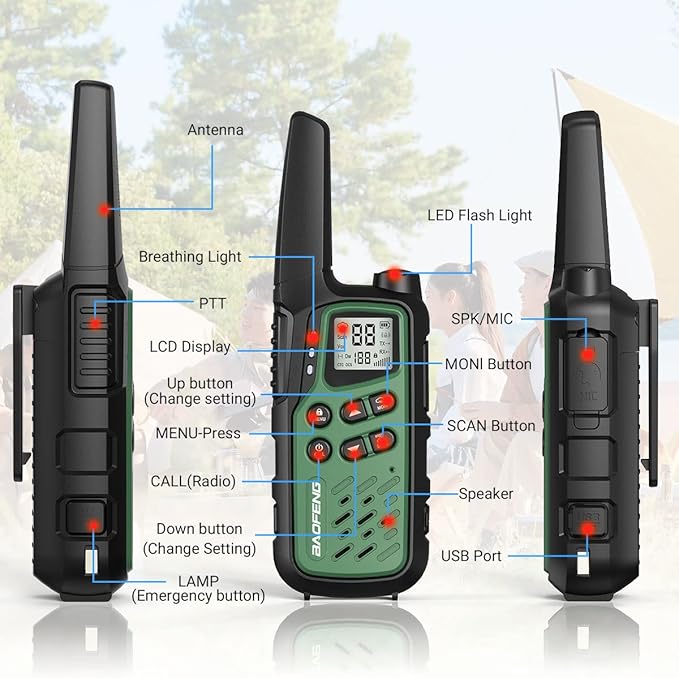 Baofeng Walkie Talkies with 22 FRS Channels, Long Range Walkie Talkies for Adults MP25 Family Walkie Talkie Two Way Radio with LED Flashlight LCD Display for Hiking Camping (Green,Include Battery)