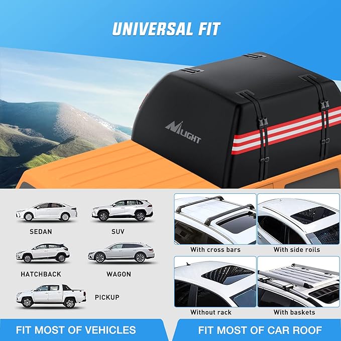 Nilight Car Roof Bag 15 Cubic Feet Waterproof Rooftop Cargo Carrier,Suitable for All Vehicle with/Without Rack - Waterproof Zip,Reflective Strip,Anti-Tear 840D PVC, with Anti-Slip Mat