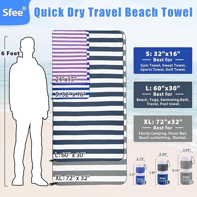 Sfee 2 in 1 Microfiber Oversized Beach Towel, Quick Dry Towel Travel Towel Camping Towel Super Absorbent Compact Lightweight Sports Towel Gym Towel for Beach,Gym, Hiking, Pool, Backpacking, Bath, Yoga