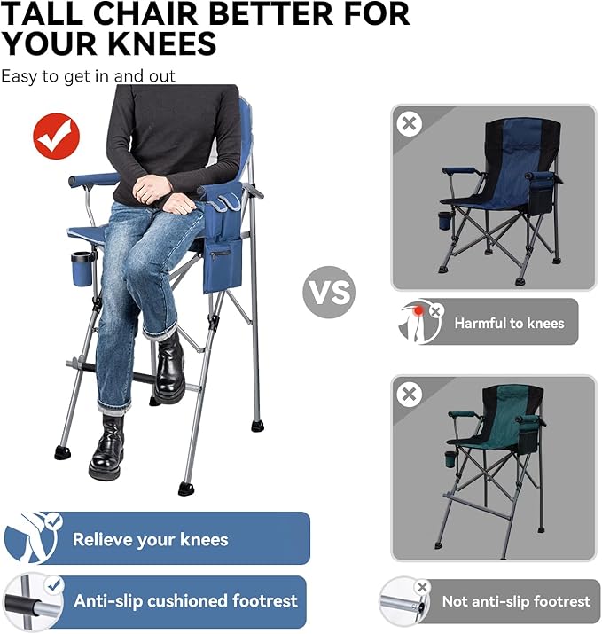 Foldable Directors Makeup Salon High Chair - Portable Camping Bar Height Folding Photoshoot Chairs with Stroage Bag Cup Holder Non-Slip Footrest, Supports 400 lbs Blue Tall Director Chair