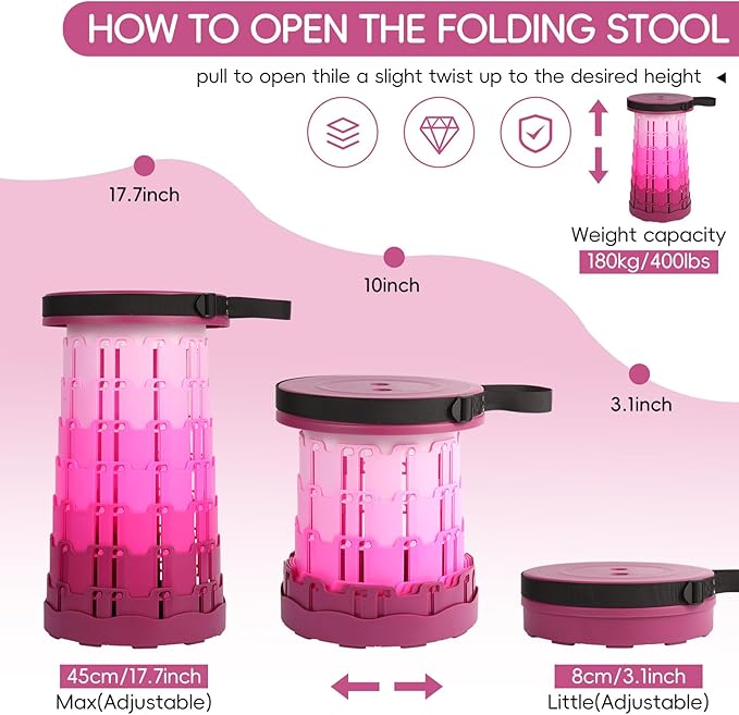 Upgraded Collapsible Stool, 400lbs Max Load. Portable Retractable Folding Telescoping Stool for Camping, Fishing, Hiking & Travel, Ideal for Adults (Purple)