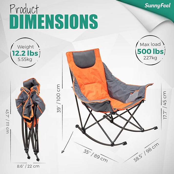 SUNNYFEEL Oversized Heated Camping Chair 2 Pack, Folding Rocking Camping Chairs with Luxury Padded Recliner,Carry Bag, 300 LBS Heavy Duty for Lawn/Outdoor/Picnic/Patio, Portable Rocker Camp Chair
