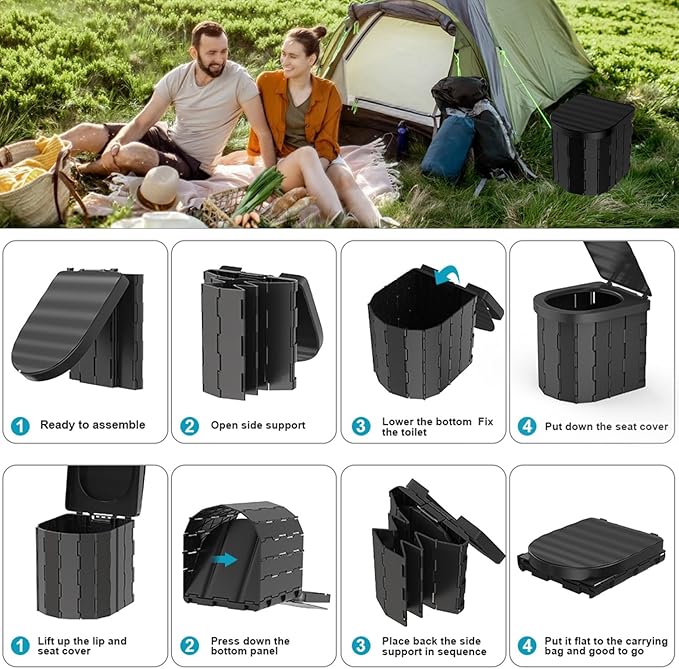 Portable Camping Toilet for Adults - Folding Toilet with Lid, Camp Toilet Road Trip Essentials, Portable Potty for Emergency Use, 20 Toilet Bags for Camping, Hiking, RV Travel, Road Trips.