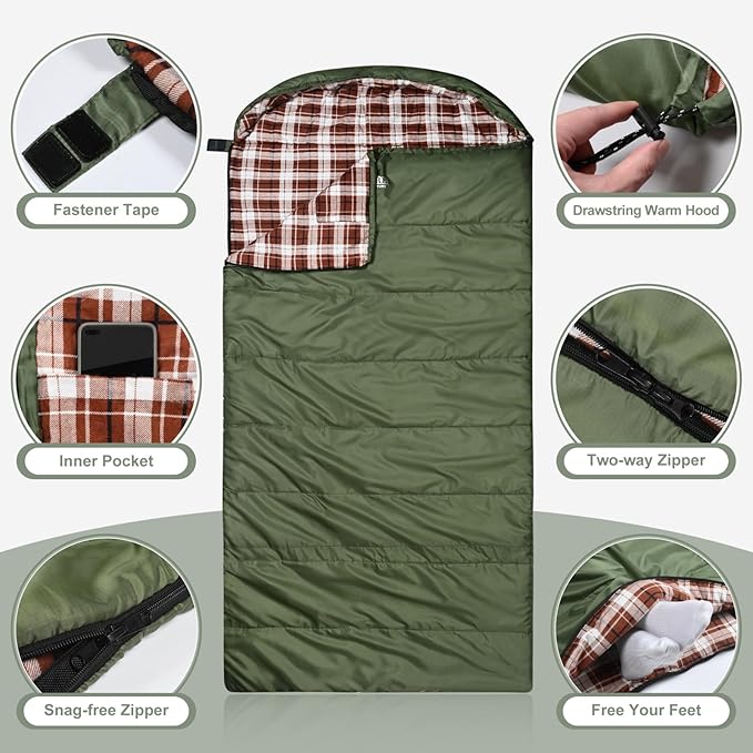 AGEMORE Cotton Flannel Sleeping Bag for Adults, Lightweight XXL Cotton Sleeping Bag for Camping Backpacking or Hiking, Water Resistant 3-4 Season Sleeping bag for Warm & Cool Weather