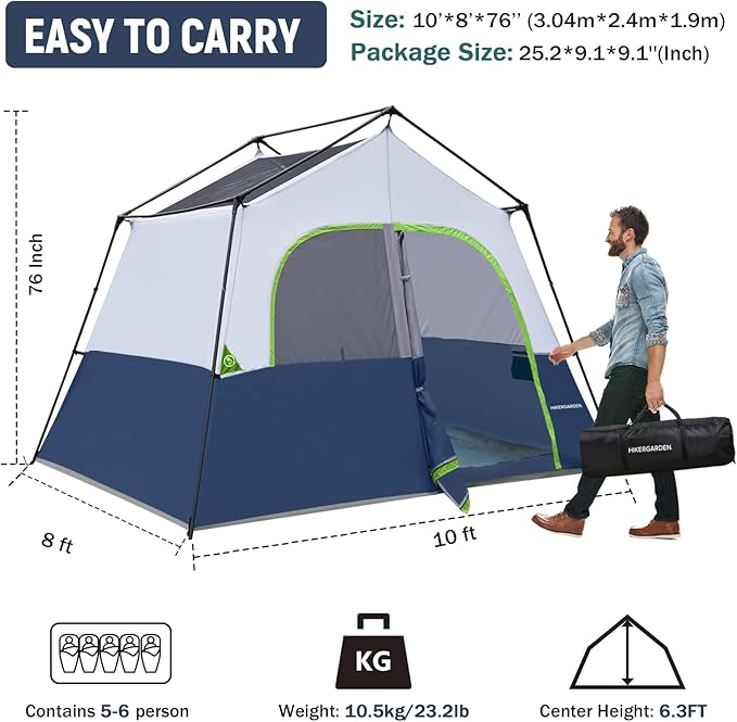 HIKERGARDEN 6-8 Person Camping Tent - Portable Family Cabin Tent for Camp, Windproof Fabric Camp Tent Outdoor for Hiking, Backpacking, Traveling