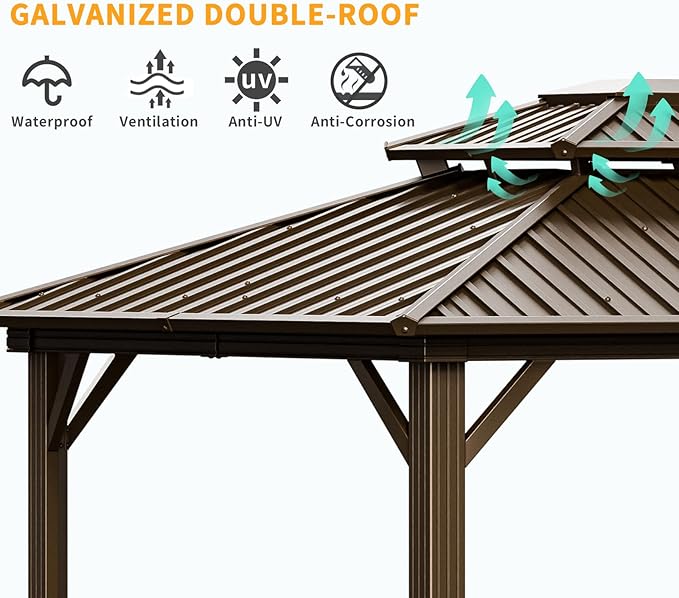 HOTEEL 10x12 Hardtop Gazebo on Clearance with Heavy Duty Galvanized Steel Double Metal roof,Aluminum Frame,Patio Gazebo with Curtains and Netting,Outdoor Permanent Pavillon for Backyard,Bronw