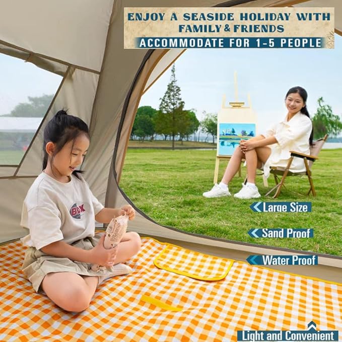 RUIBOLU Beach Blanket Large Picnic Blankets, 80x60in Sandproof Beach Mat for 2-4 Adults Waterproof Quick Drying Outdoor Picnic Mat for Travel Camping Hiking Festival Park Lawn (Yellow Plaids)