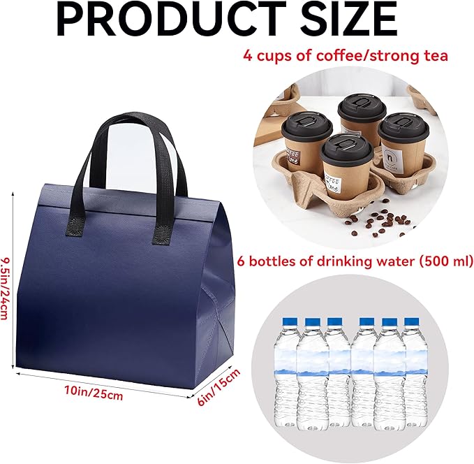 100 Pcs Insulated Take Away Bags, Disposable Lunch Bags For Food Takeaways, Coffee, Milk Tea, Seafood, Pizza, For Restaurants And Grocery Shops 9.5 x 6 x 10 In (Navy Blue)