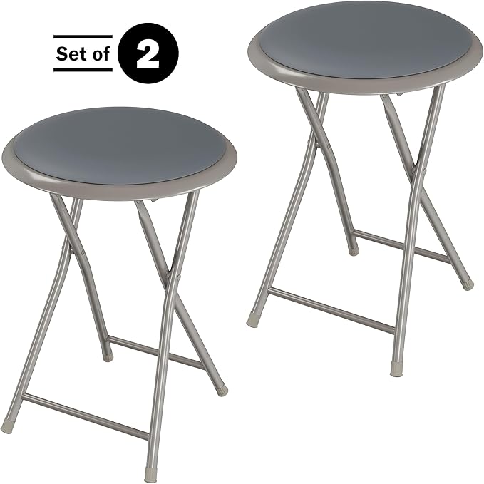 Round Folding Stool - Heavy-Duty 18-Inch Padded and Portable Stool with 300lbs Capacity for Dorm, Rec Room, or Game Room by Trademark Home (Gray)
