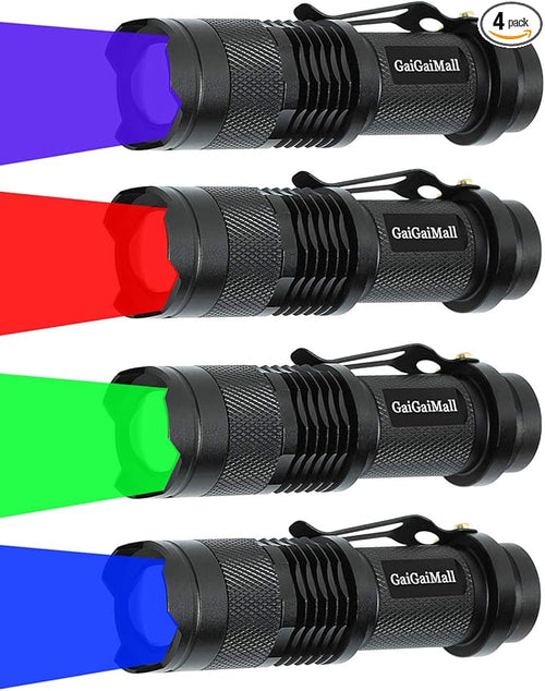 4 Colors Flashlights Including Red Green Blue Black Light Flashlight, 3 Mode Zoomable Led Hunting Torch, 4 Pack