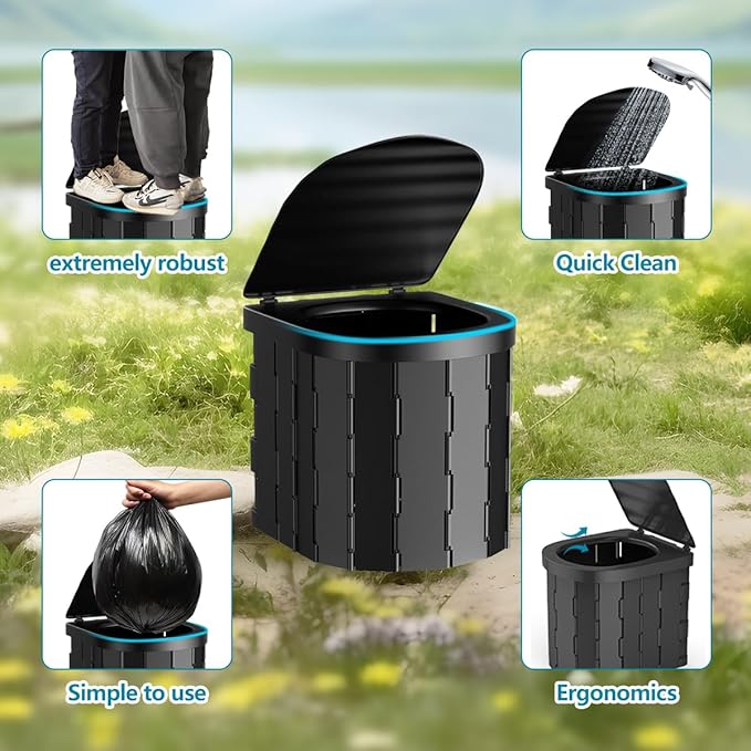 Portable Camping Toilet for Adults - Folding Toilet with Lid, Camp Toilet Road Trip Essentials, Portable Potty for Emergency Use, 20 Toilet Bags for Camping, Hiking, RV Travel, Road Trips.