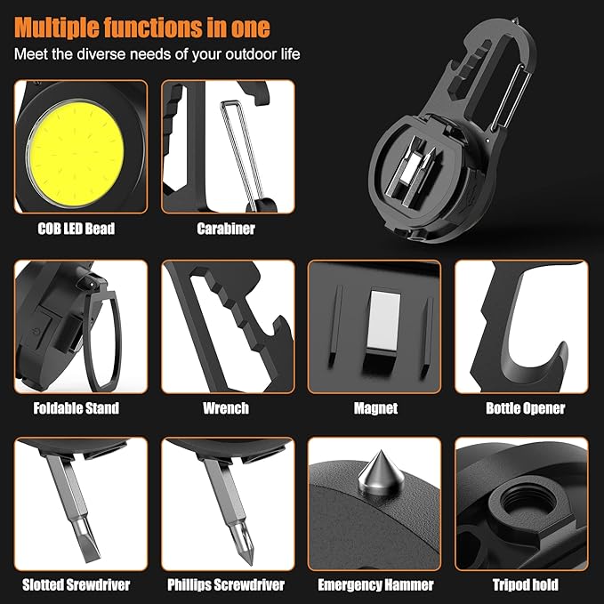 Mini COB Rechargeable LED Flashlight, Portable, Waterproof, Foldable, 800 Lumen, 4 Modes, Magnetic Stand, Battery Powered