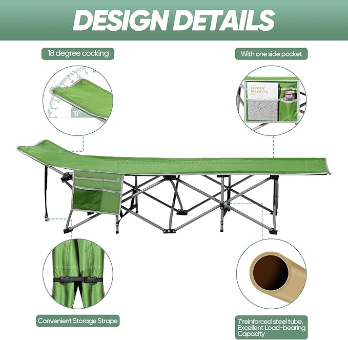 HAITRAL Portable Camping Cot with Mattress - Outdoor Folding Heavy Duty Sleeping Bed with Side Pocket for Adults - Oxford Single Lounge Chaise for Camping Tent Beach Office Max Load 300 LBS (Green)