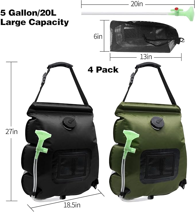 Solar Shower Bag, 1/2/4 Pack 5 Gallons/20L Camping Shower Bag, Portable Shower Bag with Removable Hose and On-Off Switchable Shower Head for Camping Beach Swimming Outdoor Traveling Hiking