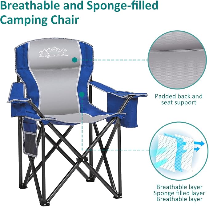 Heavy Duty Folding Camping Chair with Cooler Bag, Cup Holder, Storage Pocket, 450lbs Capacity with Large Anti-Sink Feet, Portable Padded Chair for Camping, Beach, Fishing, Sports, Blue