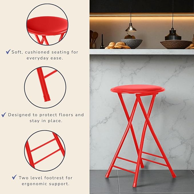 Lavish Home Folding Stool Set - Set of Four 24-Inch Padded Stools with 225lb Capacity for Kitchen, Dorm, or Rec Room - Portable Stools for Adults - Collapsible Sitting Stool Set for Seating (Red)