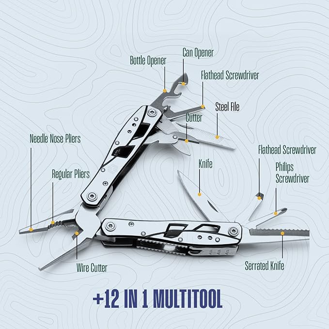 Multitool Plier - 12 In 1 Stainless Steel Pocket Multi Tool With Durable Sheath For Camping, Survival Gear - Safety Locking Camping Accessories With Cutter, Bottle Opener, Screwdriver by Hayvenhurst