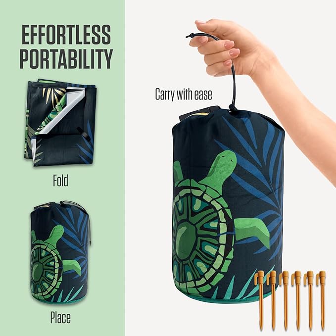 VENTURE 4TH Family-Size Beach Blanket: Sandproof, Waterproof, Lightweight & Compact. Includes Stakes and Carry Bag. 9x10 feet XXL Navy Turtle