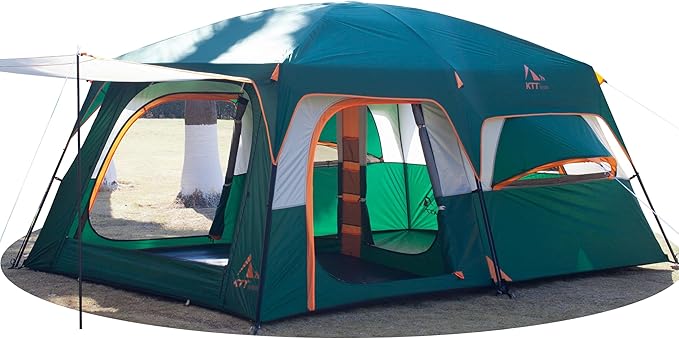 KTT Extra Large Tent 6-10-12-14 Person(B),Family Cabin Tents,2 Rooms,3 Doors and 3 Windows with Mesh,Straight Wall,Waterproof,Double Layer,Big Tent for Outdoor,Picnic,Camping,Family Gathering
