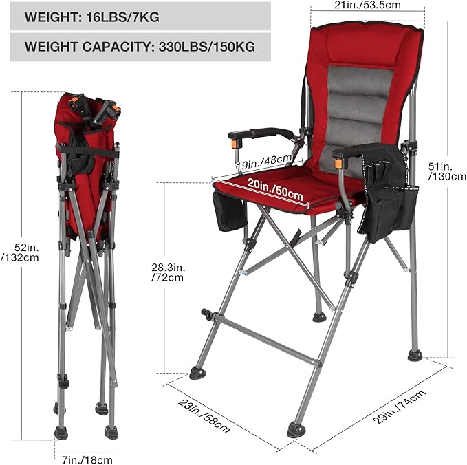 Extra Tall Folding Chairs for Adults 2 Pack, Portable Bar Height Foldable Director Chairs for Camping Outside, Comfortable with Makeup Pocket, High Back and Footrest,Red