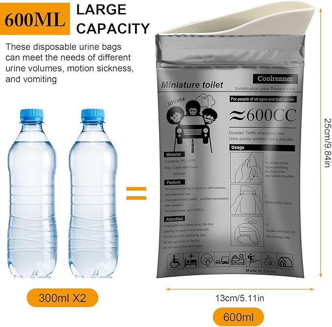 Coolrunner Disposable Urine Bags,8/12/20/24 Pack Camping Pee Bags, Disposable Urinals Vomit Bags for Travel Urinal Toilet Traffic Jam Emergency Portable Toilet Bee Bag for Men Women Kids Patient