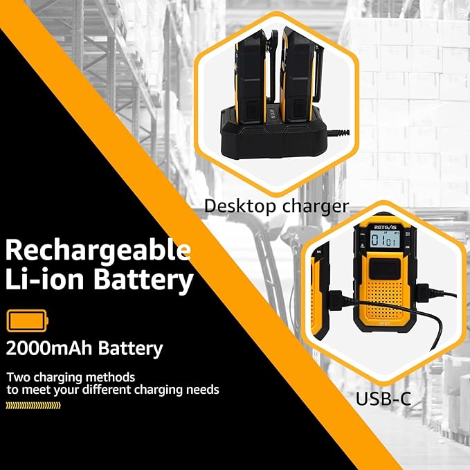 Retevis RB48 Heavy Duty Walkie Talkies, Waterproof Two Way Radio, Advanced Triple Proof, 2000 mAh, Emergency Alert, 2 Way Radio Long Range for Job Site (4 Pack) Yellow