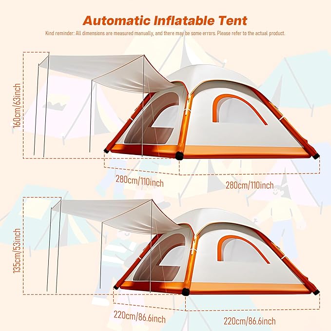 Automatic Inflatable Tent for Camping 4 Person, Pop Up Tents for Camping with 2-3 Min Set Up, Windproof Waterproof Tents with Mosquito Screen Window, Portable Tent for Traveling
